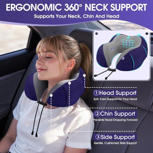 CloudBliss Neck Pillow for Airplanes, Memory Foam Travel Pillow, Navy