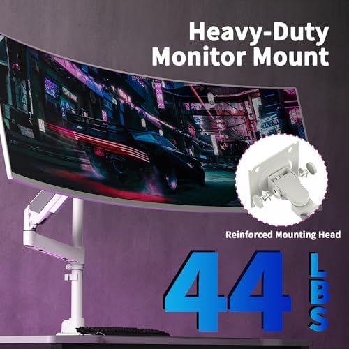 Single Monitor Arm for 17-49 Inch Ultrawide Screens, Single Monitor Mount Heavy Duty up to 44lbs, Adjustable Vertical Stacked Full Motion Single Monitor Arm Desk Mount, 75/100mm VESA Mount, White