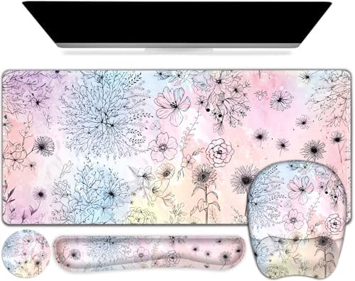 Large Mouse Pad, Keyboard Wrist Rest Set, Ergonomic Mouse Pad with Wrist Support, Desk Mat with Stitched Edges Extended Desk Pad Waterproof Desk Mat for Home Office Game I Dandelion & Sunflower