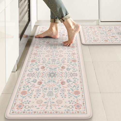 KIMODE Kitchen Mats Cushioned Anti Fatigue,Kitchen Rugs Sets of 2,Pink