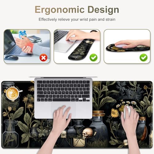 Large Mouse Pad with Wrist Support 4 in1 Set, XXL Big Game Mousepad + Keyboard Wrist Rest+Mouse Wrist Rest+Coaster Gaming Mat for Home Office Computer I Black Academia Mystical Green Plant