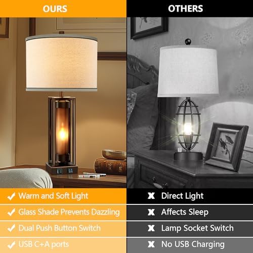 Rustic Farmhouse Table Lamps for Living Room with USB C+A Ports
