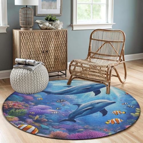 Home Decor Non Slip Kitchen Office Circle Rug, Machine Washable Modern Round Area Rug, Room Sofa Yoga Soft Round Carpet Sea Underwater Beautiful Sea World Dolphins, 60inch