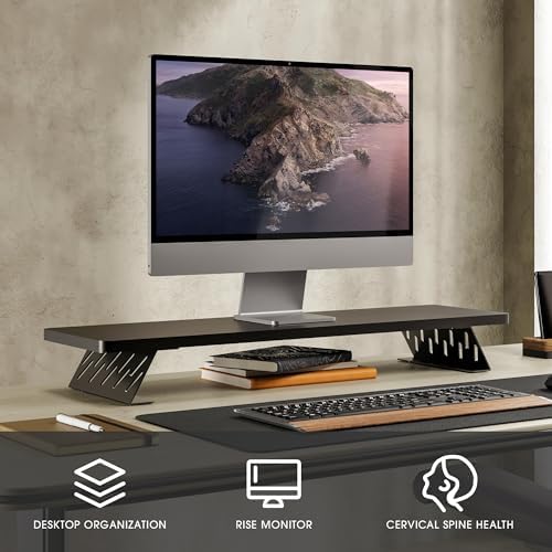 Fenge Monitor Stand Riser, Wooden & Metal Desk Shelf Organizer, Black