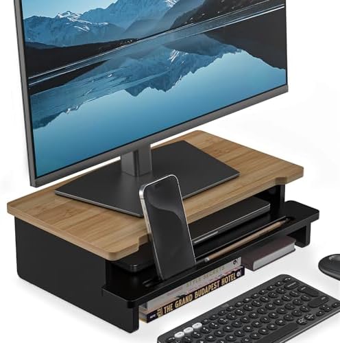 16.5” Bamboo Monitor Stand with Phone & Tablet Holder Desk Shelf