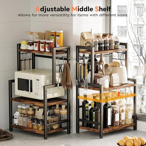 Kitchen Countertop Organizer,3 Tier Large Spice Rack Organizer with Adjustable Shelf and 5 Hooks,Wooden Counter Organizer,Space Saving Countertop Shelf Microwave Stand for Kitchen,Bathroom,Coffee Bar