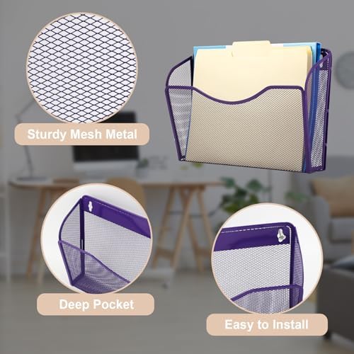 EASEPRES 3 Single Pocket Mesh Hanging File Organizer, Vertical Wall Mounted Magazine File Holder, Mount Basket Mail Paper Document Folder Organizing for Office, Home and School, Purple