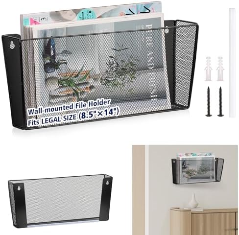 Single Pocket Wall File Holder Legal Size Metal Mesh Hanging File Folder Paper Organizer Black Wall Mounted Mail Organizer Magazine Rack for Office Home School 15.7" L x6.9 Wx3.4 H
