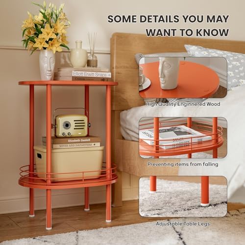 Orange Oval Nightstand Set of 2, Small Modern Round Side Table with Storage