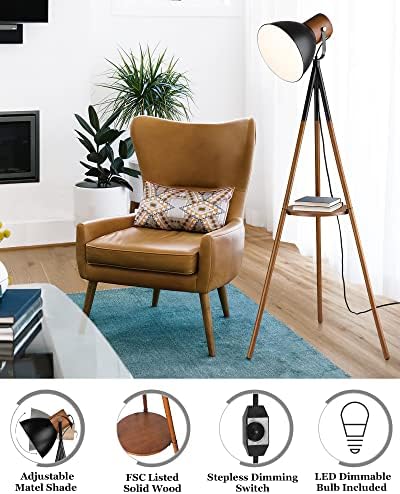 ELYONA Dimmable Tripod Floor Lamp with Table, Wood Standing Lamp with Adjustable Metal Shade, Modern End Table with Reading Light for Livingroom, Bedroom, Office, LED Bulb Included, Black & Brown
