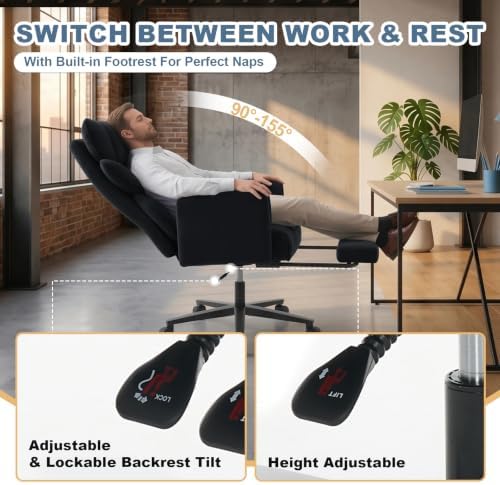 Big and Tall Office Chair, Reclining Executive Desk Chair, Cross Legged Ergonomic High Back Computer Gaming Chair with Flip Armrests Lumbar Support Footrest, Black Vanity Chair