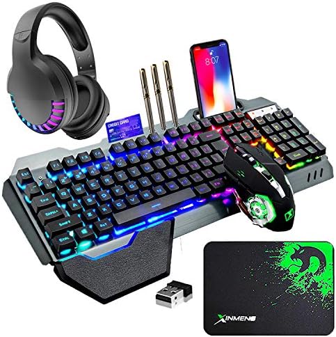 Wireless Gaming Membrane Keyboard Mouse and Bluetooth Headset Kit-Black RGB