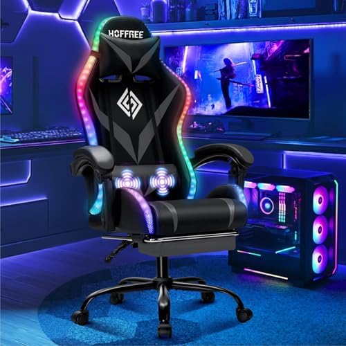 RGB Gaming Chair with Massage & Footrest Racing Style Computer Chair-Grey
