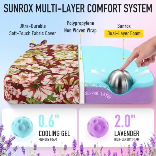 SUNROX Cooling Gel Memory Foam Chair Cushions, 2.6" Thick U-Shaped Dual-Layer Comfort Dining Chair Pads, Non Slip Seat Cushion with Ties for Indoor Kitchen Office 17"x16" Set of 4, Red Magnolia