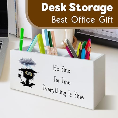It's Fine Funny Cat Pen Holder for Desk, Funny Desk Accessories for Work, Sarcastic Office Humor Gifts Wooden Pen Pencil Holder Organizer for Office