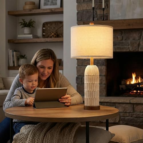 OYEARS 26.5" Bedside Table Lamps Set of 2, Farmhouse Table Lamp with USB A+C Charging Ports,Vintage Nightstand Lamp for Bedrooms and Living Rooms, Retro Resin End Table Lamp with Linen Shade, Brown