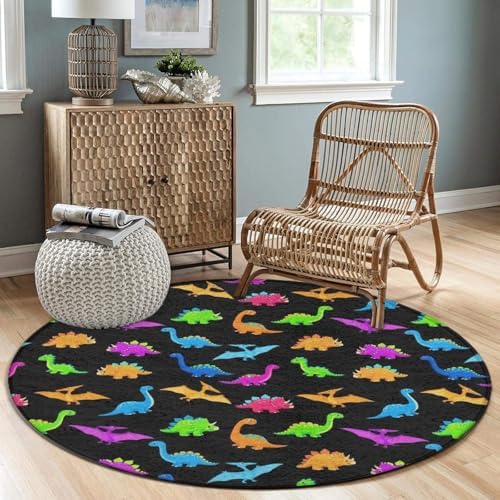 Large Home Decor Mat, Soft Round Yoga Carpet, Non Slip Machine Washable Home Office Circle Rug Cute Dinosaurs, 60inch