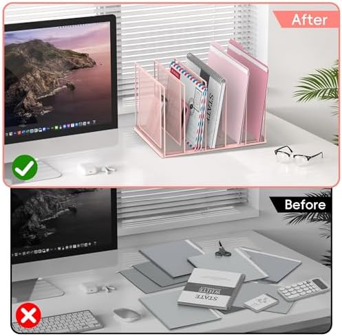 File Organizer for Desk, 5-Section Vertical File Sorter, Paper Holder Organizer Standing Metal File Folder for Office Home Classroom, Pink