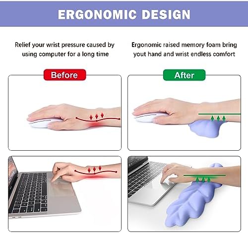 Keyboard Wrist Rest Pad Set, Leaf Shape PU Leather Memory Foam Cushion Support, Mouse Rest Pad, Non-Slip Support for Easy Typing Pain Relief, Purple Leaf