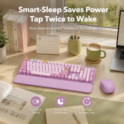 Wireless Keyboard and Mouse, Round Keycaps, Magnetic Wrist Rest, Lilac