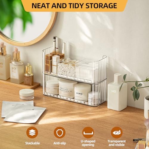 PAVSTINE 2-Tier Stackable Medicine Cabinet Organizer, Narrow Bathroom Makeup Organizer with Lipstick Holders & Cotton Swab Cases, Clear Countertop Shelf for Mirror Cabinet and Vanity