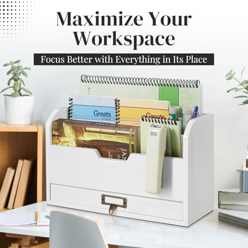 Flexzion Wood Desk Organizer, 3-Tier Mail Organizer with Drawer, Beige Wood