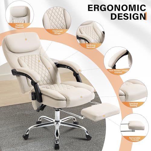 500LBS Massage Office Chair, Reclining 6 Points Vibration and Heat Desk Chair with Foot Rest, Ergonomic Executive Office Chairs, Comfy Wider & Thicker Seat, Big and Tall Gaming Chair, PU Leather Beige