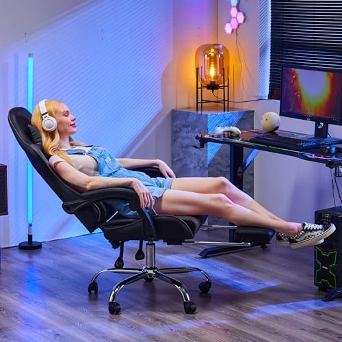 NEWBULIG Computer Gaming Desk Chair - High Back Ergonomic Lumbar Support with Footrest and Headrest, Comfy PU Leather Recliner with Linkage Armrest, Height Adjustable and 360° Swivel, Grey
