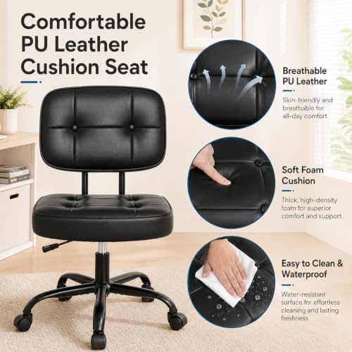 Armless Drafting Chair, Ergonomic PU Leather Home Office Computer Task Chair with Lumbar Support, Height Adjustable Swivel Rolling Chair for Small Spaces, Vanity, Bedroom, Study, Living Room, Black