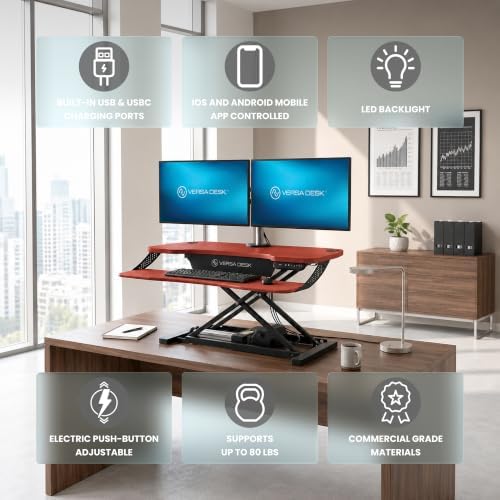 VERSADESK PowerPro Elite 36” x 24" – App Controlled Electric Standing Desk Converter w/USB Charging Port. Raises up to 20”. Fully Assembled – Includes LED Lights. Supports 80 lbs. – Cherry