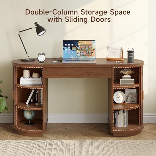 ONBRILL 59 Inches Office Desk with Lift Top, Fluted Executive Desk Walnut