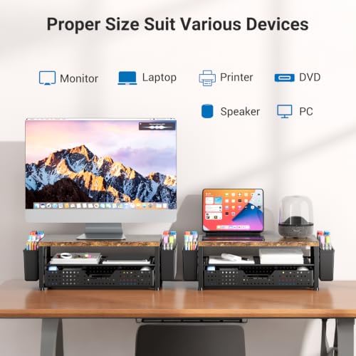 Monitor Riser, Laptop Stand for Desk, Office Desk Organizer and Accessories, Computer Monitor Stand, Desktop Shelf with Drawer and Pen Holder, Printer Stand for Home, Office, Dorm (Brown)