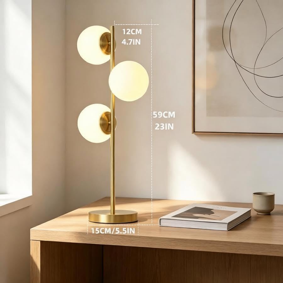 Mid Century Modern 3-Light Table Lamp, Gold Glass Globe Nightstand Light with 3 Color Temperatures, LED Bedside Lamp for Bedroom Living Room Office