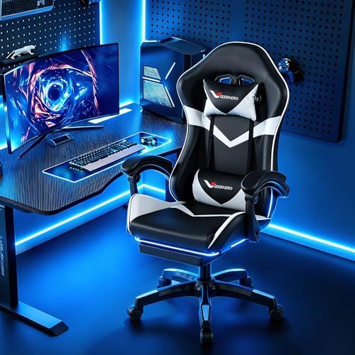 Gaming Chair for Adults, Ergonomic Computer Gaming Chair with Footrest & Lumbar Support, Height Adjustable 360° Swivel Reclining Home Office Desk Chair (Black & White)