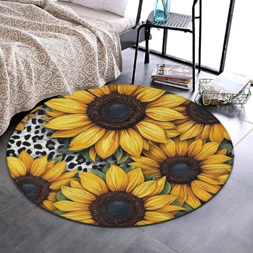 Highly Premium Quality Floor Mat, Office Chair Decor Mat, Room Sofa Yoga Soft Round Carpet 80s Vintage Cow Print Sunflowers, 24inch