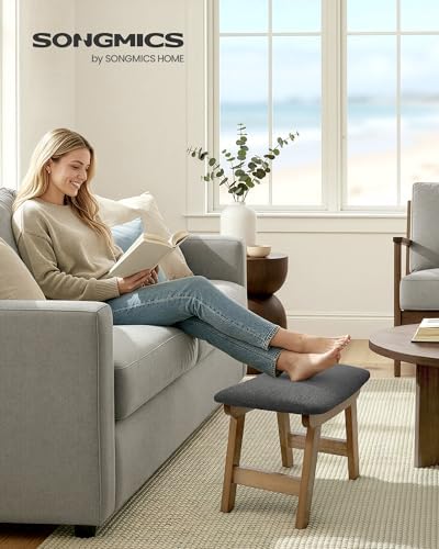 SONGMICS Foot Stool Ottoman, Padded Foot Rest Under Desk, Solid Wood Frame