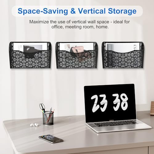 EasyPAG 3 Pack Hollow Design Wall-Mounted File Organizer - Heavy Duty Metal, Vertical Space Saving, Letter Size Single Pocket Holder for Office, Home, School, Black