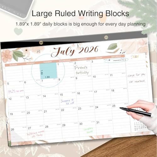 2026-2027 Desk Calendar - 18 Month Desk Calendar 2026-2027, Jul 2026 - Dec 2027, 17" x 12", Large Monthly Desktop Calendar with Daily Blocks, Thick Paper, Corner Protectors - Floral (2 Stickers Included)