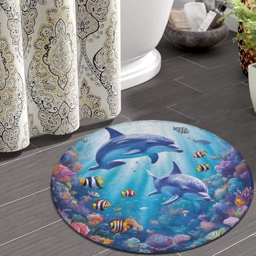 Home Decor Non Slip Kitchen Office Circle Rug, Machine Washable Modern Round Area Rug, Room Sofa Yoga Soft Round Carpet Sea Underwater Beautiful Sea World Dolphins, 24inch