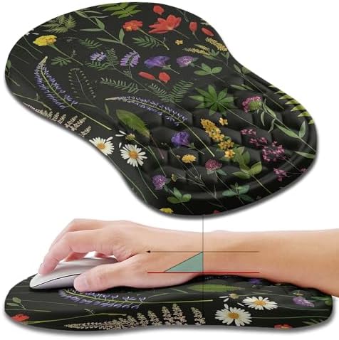 Hokafenle Ergonomic Mouse Pad Wrist Support, Wrist Rest Mousepad for Carpal Tunnel Pain Relief with Integrated Memory Foam Slope Massage Bulge (11.8x7.9 inch,Flowers