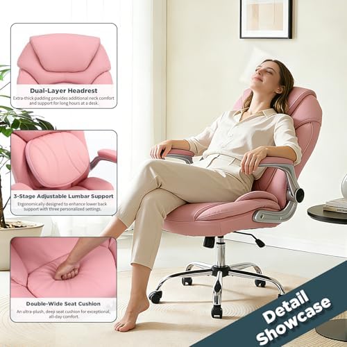 Plus Size Criss Cross Wide Comfy Office Desk Chair with Back Support, Pink