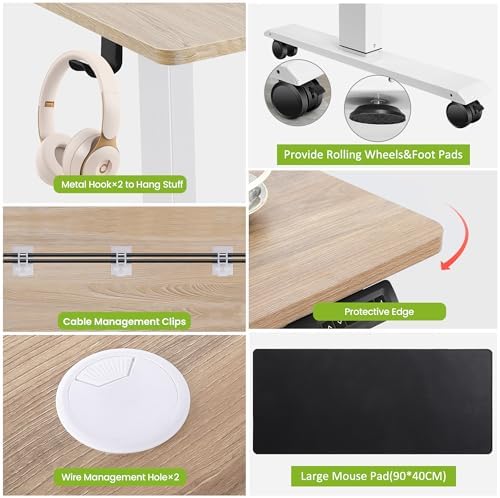 farexon Electric Standing Desk 63 x 24In with Power Outlets, Adjustable Height Stand up Desk with Large Mouse Pad, Double Hooks and 4 Wheels, 27''-46'' Lifting Range, Easy to Set for Home/Office(Oak)
