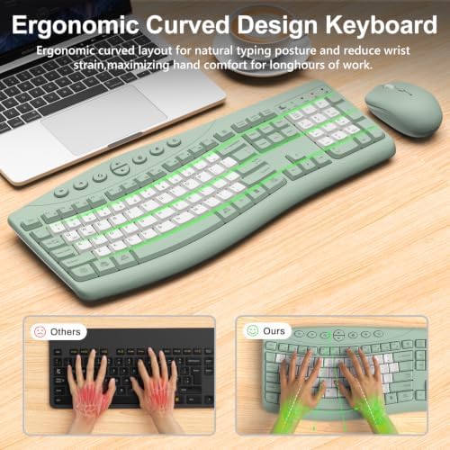 Wireless Keyboard and Mouse Combo, Quiet Ergonomic Curved Keys(Green-B)