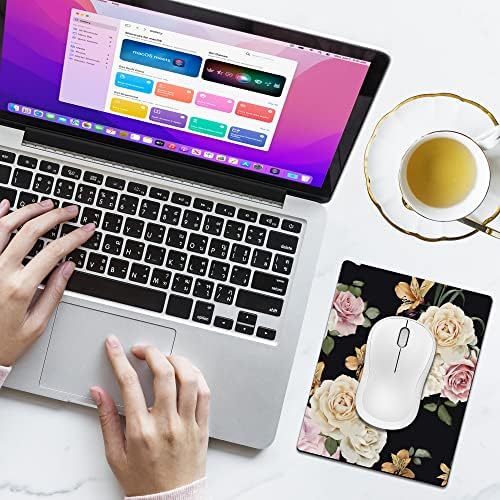 Small Mouse Pad Cute, Mini Mouse Pads for Wireless Mouse and Laptop, Travel Mousepads with Design - Floral on Black Background, Portable Mousepad 5.5 x 7 In, Pretty Desk Accessories for Women