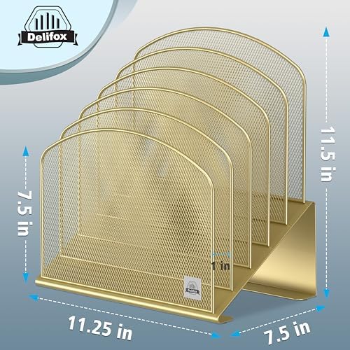 Delifox Inclined Desk File Organizer,Vertical File Folder Holder Stand Metal Rack File Sorter for Office Classroom Desktop Organization (2, Gold, 5)