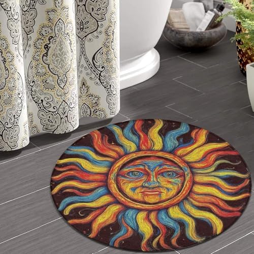 Machine Washable Modern Round Area Rug, Room Sofa Yoga Soft Round Carpet, Home Decor Non Slip Kitchen Office Circle Rug Trippy Sun Art, 24inch