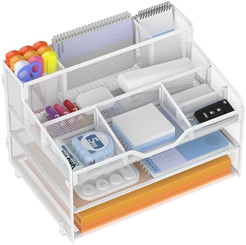 Docnest 3 Tier Mesh Desk Organizer with Letter Tray & Paper Sorter, White
