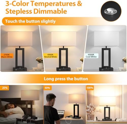 Kondras Set of 2 Table Lamps for Bedrooms, 3-Color Temperatures Touch Control Bedside Lamps with 2 USB Ports&AC Outlet, Stepless Dimmable Living Room Lamps for Nightstand, Bulbs Included, White&Black
