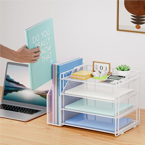 Marbrasse 4-Tier Paper Tray Organizer with File Holder, White