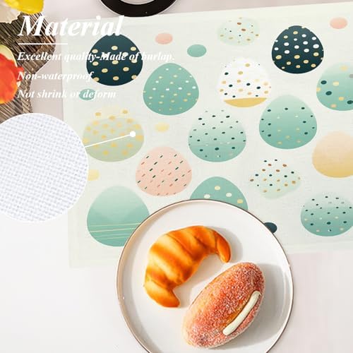 Shrahala Easter Eggs Pastel Colors Set of 8 12 X 18 Inch Linen Placemats, Colorful Decorated Eggs Burlap Table Mat Washable Double Layered Heat Insulation for Indoor/Outdoor